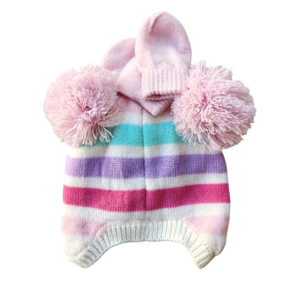Little Me Baby Girl Pink Knit Unicorn Pompom Hat and Mittens Set Size 3-9M - Picture 3 of 3